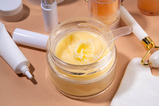 Tallow cream, serum and facial skin care products in sticks. Trendy cream based on animal fat, concept of natural moisturizing, skin restoration, healthy organic fatty acids, vitamins beauty care