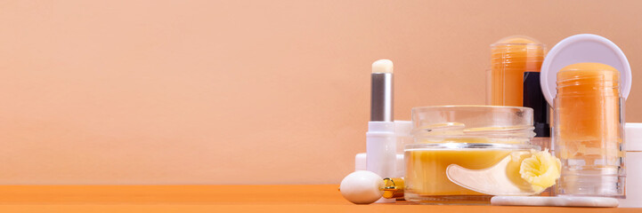 Tallow cream, serum and facial skin care products in sticks. Trendy cream based on animal fat,...