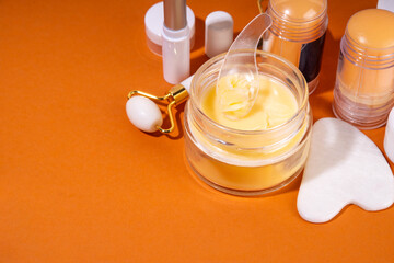 Tallow cream, serum and facial skin care products in sticks. Trendy cream based on animal fat,...