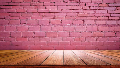 empty wooden table with pink brick wall