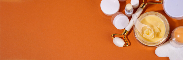 Tallow cream, serum and facial skin care products in sticks. Trendy cream based on animal fat, concept of natural moisturizing, skin restoration, healthy organic fatty acids, vitamins beauty care