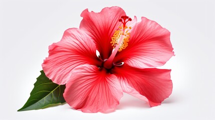 Vibrant Hibiscus Flower with Green Leaf on White Background