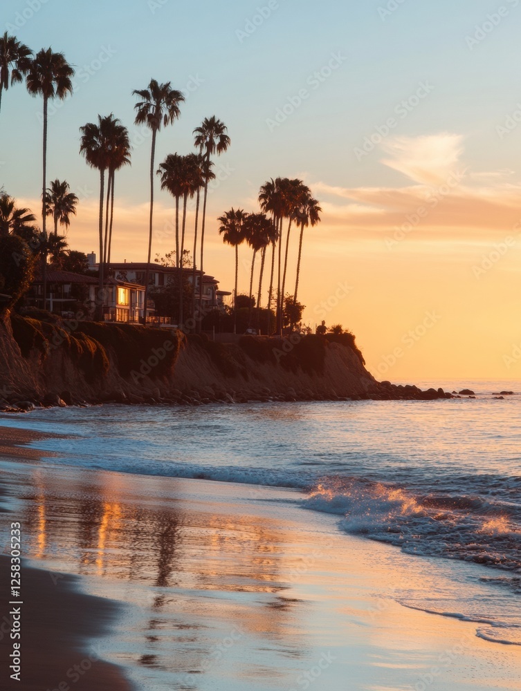 Poster stunning sunset over coastal cliffs with palm trees reflecting on tranquil waves in a beach setting.