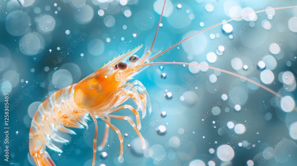 Poster a vibrant shrimp swims through clear ocean water, surrounded by bubbles that create a dynamic and li