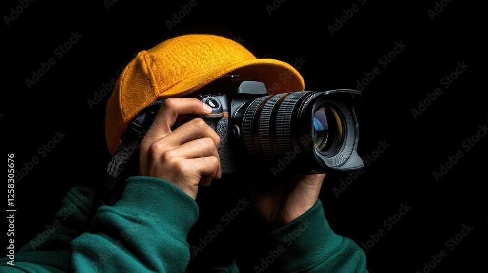 Poster silhouette of a person taking a picture with a camera in a studio setting during a photography sessi