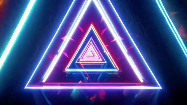 Glowing Neon Triangle Tunnel with Geometric Shapes