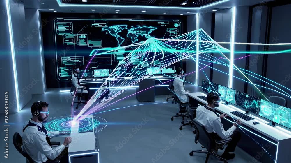 Poster high-tech control room with professionals analyzing data and visualizing information from multiple s