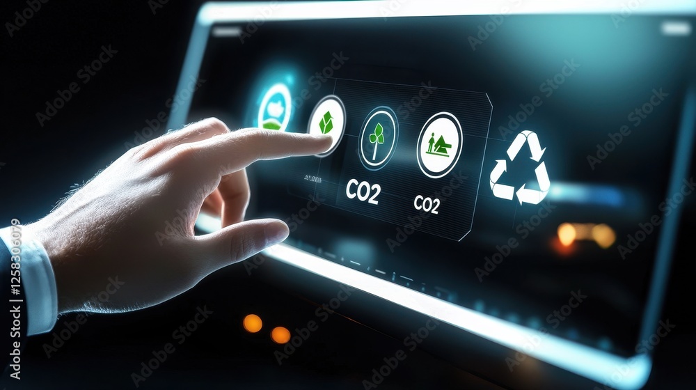 Poster a hand interacts with a digital display showing eco-friendly icons related to carbon dioxide and rec