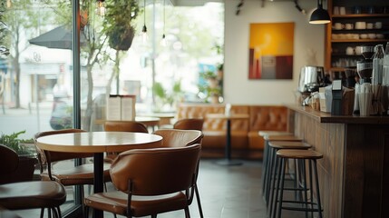 Fototapeta premium Cozy Coffee Shop Interior, A Tranquil Space for Relaxation