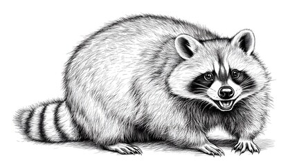 Naklejka premium Realistic Black and White Drawing of a Raccoon with Detailed Fur