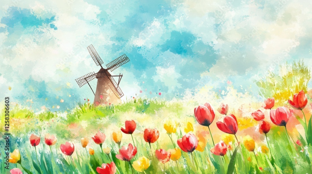 Aufkleber Vibrant spring landscape with colorful tulip fields and a windmill background inviting serenity and joy in nature. Generative AI