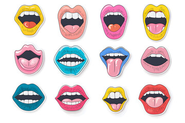 Bundle of vintage magazine women's mouths stickers, Design from vintage 90's magazine, isolated on white background