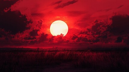 sunset over the sea night landscape with moon and  all colour is red 