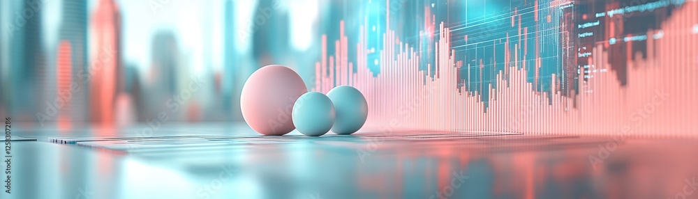 Poster a futuristic scene featuring colorful spheres with a digital backdrop and abstract data visualizatio