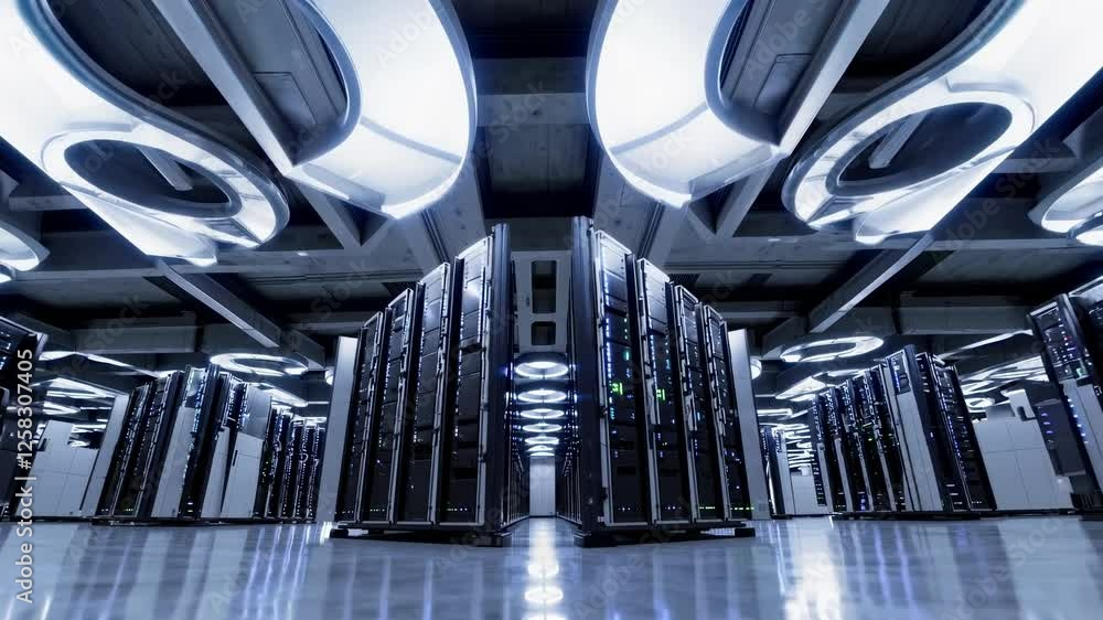 Poster exploring a modern data center showcasing advanced technology and efficient server architecture