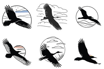 Sets of bird-in-flight silhouettes on a gradient.