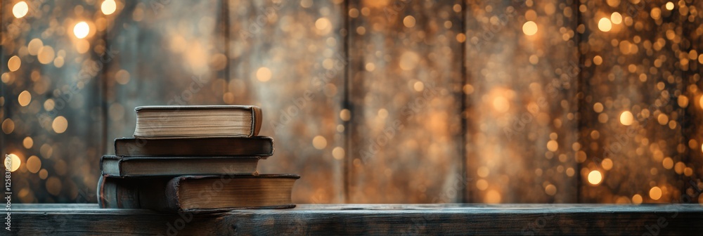 Aufkleber Stack of vintage books resting on a rustic wooden shelf with warm bokeh lights in the background for a cozy atmosphere. Generative AI
