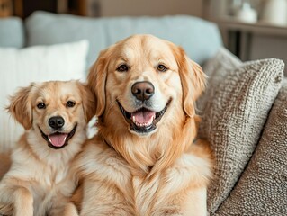 Fototapeta na wymiar Joyful golden retrievers playing at home indoor living room pet photography cozy environment close-up view
