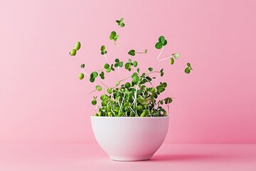 Naklejka premium Vibrant microgreens and edamame beans in a bowl captured mid-air against a brilliant pink backdrop