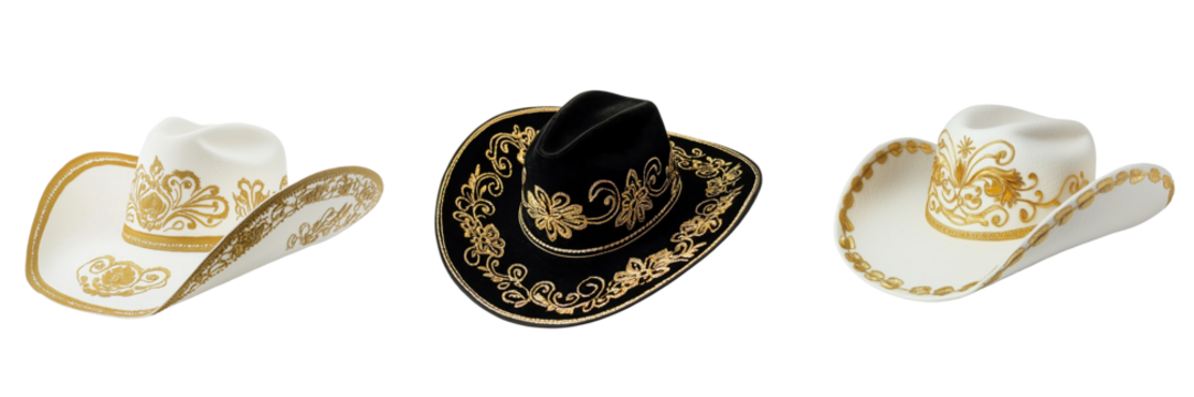 Elegant Cowboy Hats with Gold Embroidery on White and Black Colors