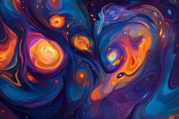 A deep space-inspired abstract background with swirling multicolored galaxies, glowing nebulae, and sparkling stars. A vibrant, cosmic aesthetic with a mix of blues, purples, and fiery oranges.
