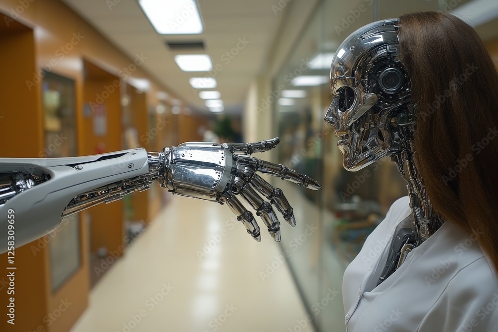 Poster robotic interaction in a futuristic research facility showcasing advanced technology and human-like 