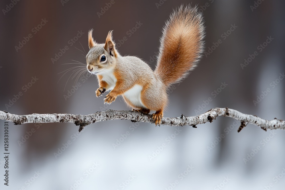 Aufkleber squirrel leaps gracefully on a branch in a winter forest setting