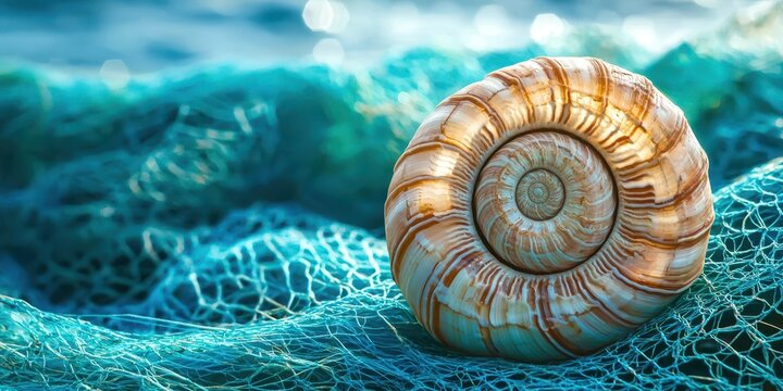 Small shell is sitting on a blue net