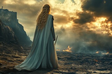 Warrior stands against the backdrop of a stormy sky and fiery landscape at the edge of a battleground in a fantasy world