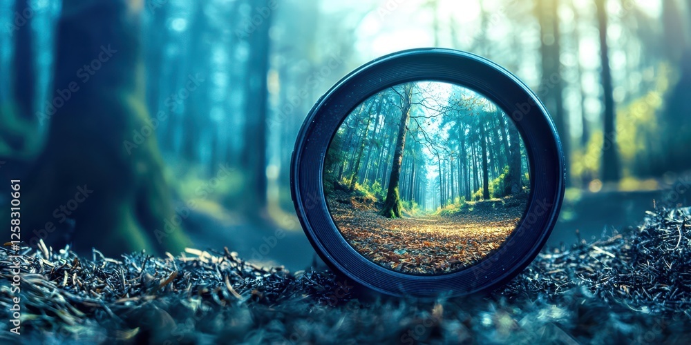 Poster view of a forest is reflected in a black lens