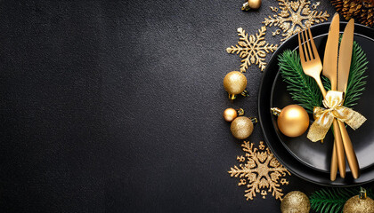 christmas or new year table setting with golden cutlery on black stone table card or menu template copy space flat lay