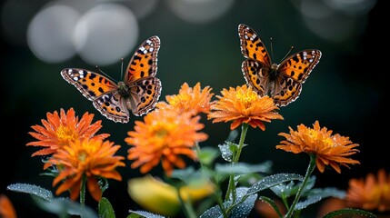 Obraz premium Two Butterflies Hovering Over Orange Flowers