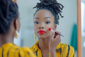 Obraz premium Woman applying bright red lipstick while dressed in a vibrant striped yellow shirt in a well-lit room