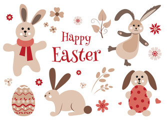 Set of beige, Easter bunnies and flowers on a white background. Happy Easter text. Greeting Card