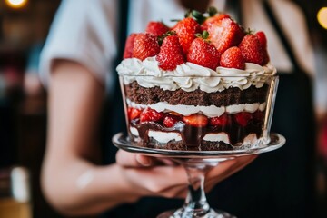 Delicious Chocolate Strawberry Trifle Cake in a Glass Bowl