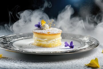 Golden yuzu souffl with edible flowers and sak foam on elegant porcelain plate