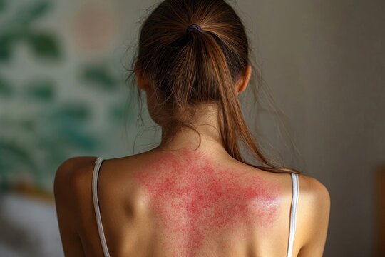Woman with severe sunburn on her back. Her skin is red and irritated, highlighting the effects of excessive sun exposure. 
