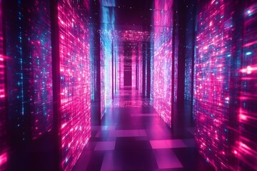 Neon Glowing Digital Tunnel, Cyberpunk Future Data Network