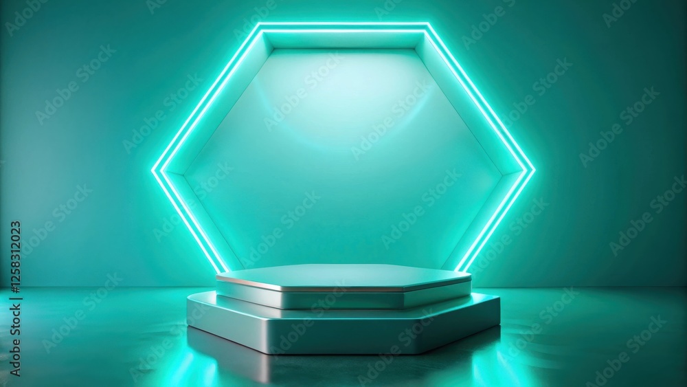 Poster abstract hexagonal display platform with glowing teal neon lights