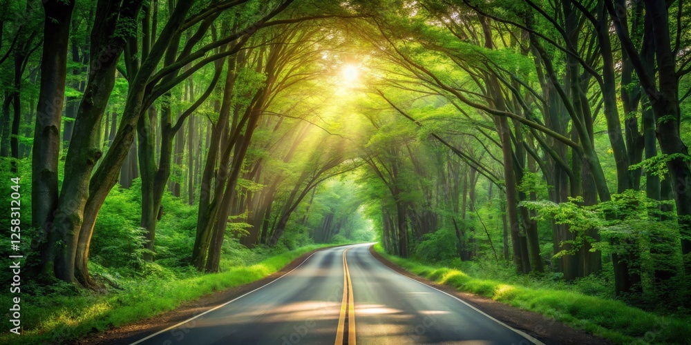 Poster sunlit path through lush green canopy of trees