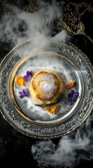 Miniature yuzu souffl adorned with edible flowers and sak foam creates a stunning centerpiece on silver-rimmed porcelain plate