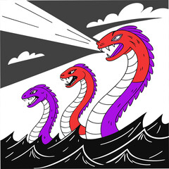 A terrifying multi-headed serpent monster, scales shimmering, slithers across treacherous terrain, its many heads hissing menacingly.