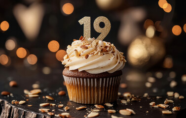 19th birthday card design with cupcake and decorative elements for celebration with copy space