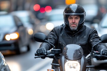 Obraz premium A focused motorcyclist navigates through a busy, rainy city street, showcasing determination amid the challenges of urban commuting and inclement weather.