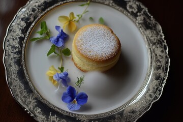 Miniature yuzu souffl crowned with delicate flowers and sak foam on a silver-rimmed porcelain plate