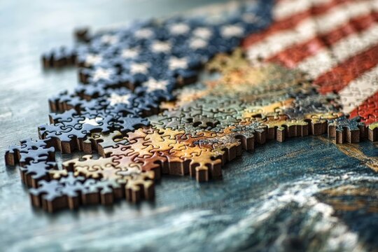 Colorful jigsaw puzzle of the United States featuring an American flag design on a wooden table