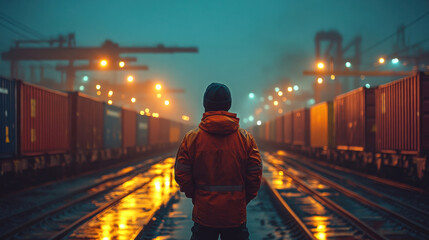 Rail yard workers inspecting freight cars under the harsh light of industrial floodlights