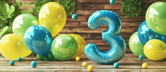 Birthday card design for 3rd boy's birthday with copy space and colorful balloons