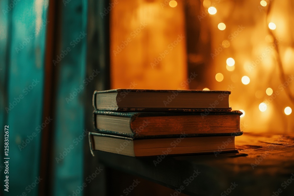 Aufkleber Rustic wooden shelf with a stack of books and warm bokeh lights creating a cozy atmosphere for reading. Generative AI