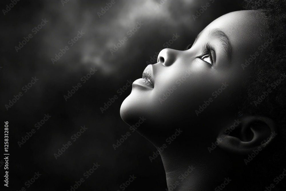 Poster Child gazes upwards in a contemplative pose against a dramatic dark background with soft light illuminating their face
